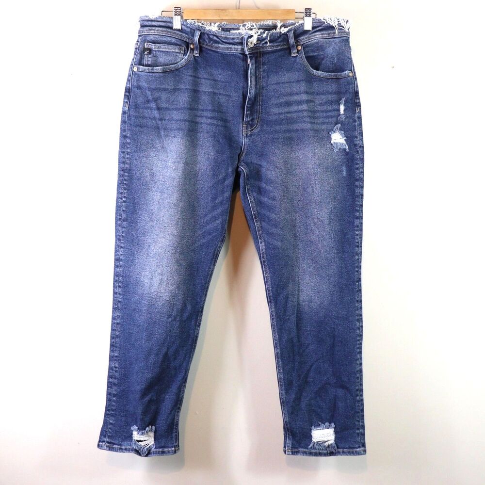 KanCan Dark Wash Distressed High Rise Ankle Cuff Jeans size 32